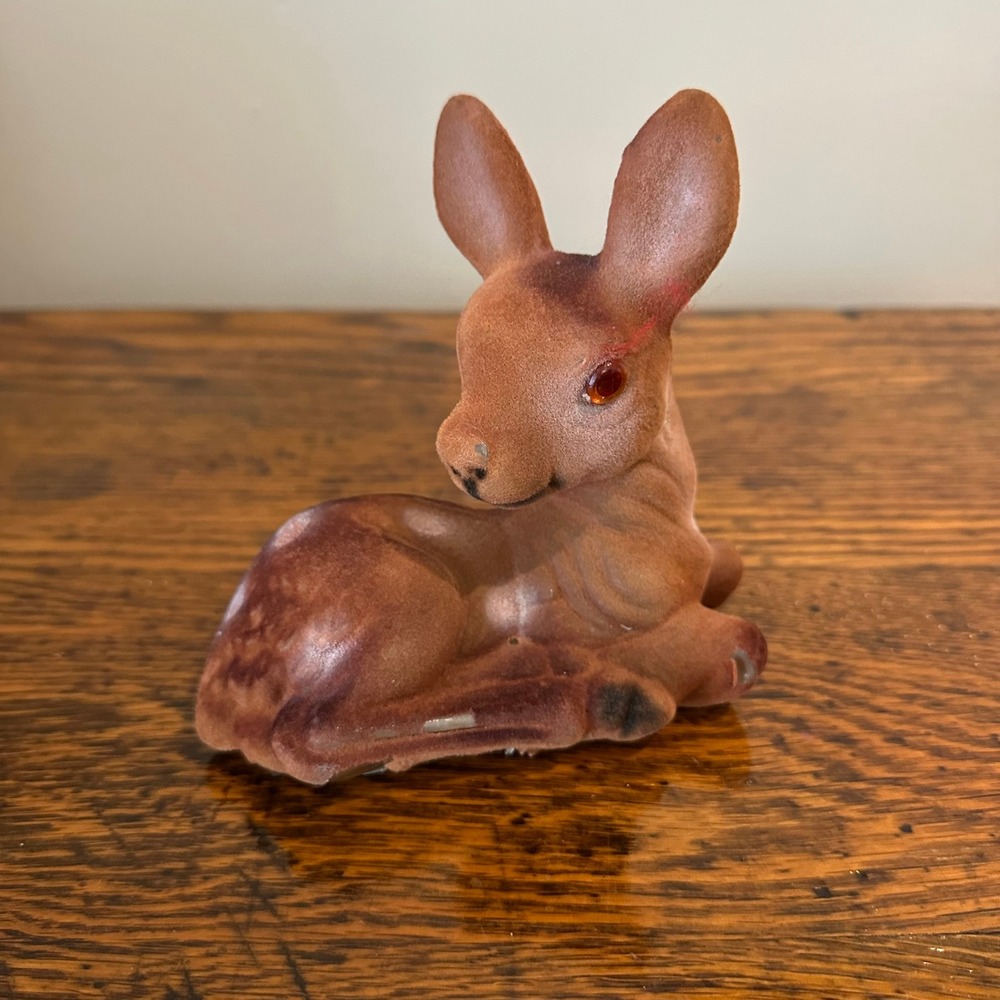 Vtg Flocked Fawn Laying Deer Figurine Brown Woodland Decor 5'' Christmas